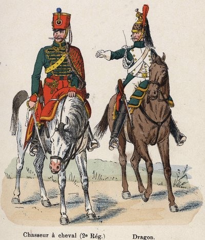 Imperial Guard Napoleon I: Horseback Hunter (2nd Regiment) and Dragon. Plate from the book Les Uniforms de l