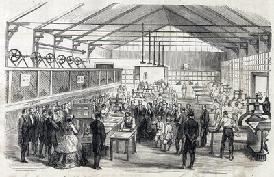Empress Eugenie and Imperial Prince visit the Banque de France, 23 June 1866 - printing of banknotes - engraving in Le MONDE Illustre DU 07/07/1866 by French School