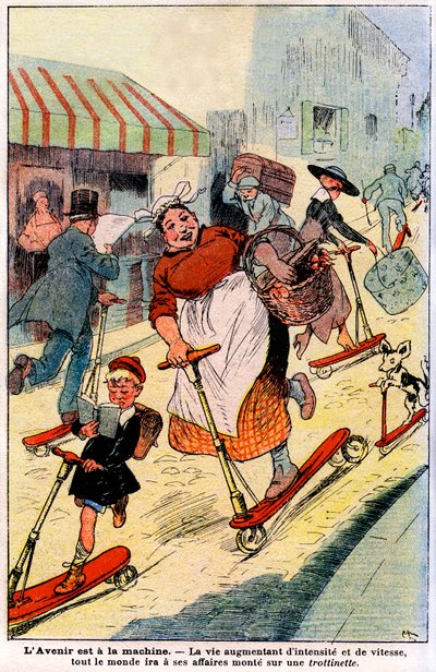 In the future, life increasing in intensity and speed, everyone will go to his business gets on a scooter. 1919 (engraving) by French School