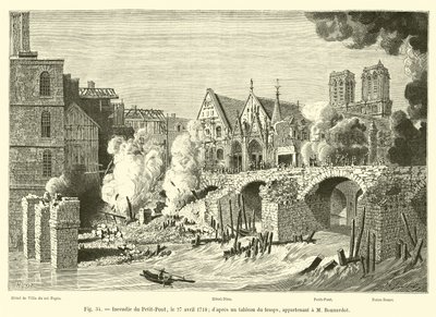 Fire of the Petit-Pont, April 27, 1718; after a painting of the time, belonging to Mr. Bonnardot by French School