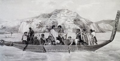 Indigenous New Zealanders on Pirogue with Fortified Village in Background by French School
