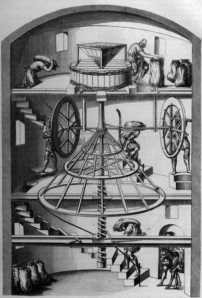 Inner view of a 16th century mill by French School