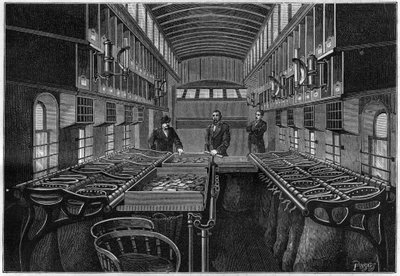 Inside a mobile post office in the United States, with tables and mobile lockers for sorting and classifying items. Engraving in 