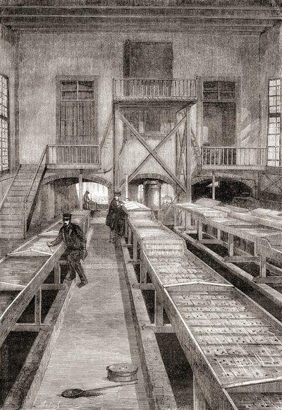 Interior of a 19th century fish farm in Huningue, France, from Les Merveilles de la Science, published c.1870 by French School