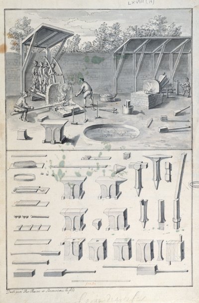 Iron forge, drawing for the Description des Arts et Métiers, by L. Simonneau, which inspired Diderot for the Encyclopédie by French School