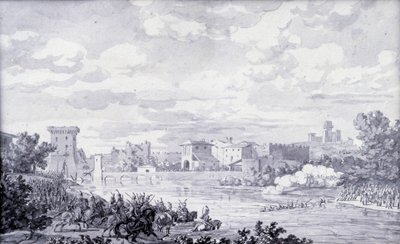 Italian countryside: the French army passed the river Mincio to Borghetto in 1796. Anonymous drawing. Paris, Louvre Museum by French School
