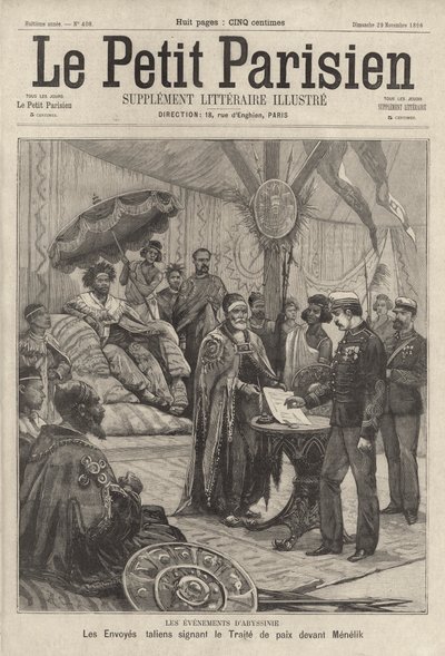 Italian envoys signing the peace treaty to end the First Italo-Ethiopian War before Emperor Menelik II of Ethiopia by French School