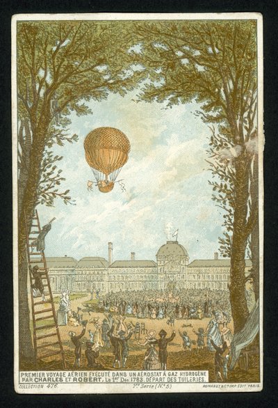 Jacques Charles and Marie-Noel Robert making the first ascent in a hydrogen balloon, Paris, 1 December 1783 by French School