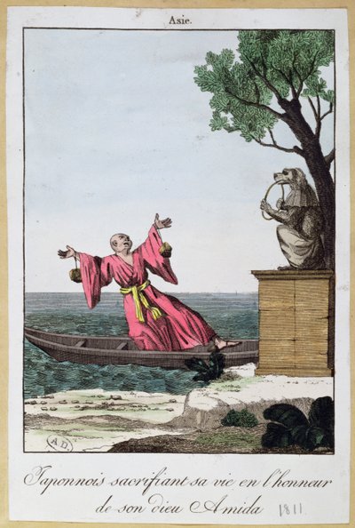 Japanese man Sacrificing his life in honour of the god Amida, 1811 by French School