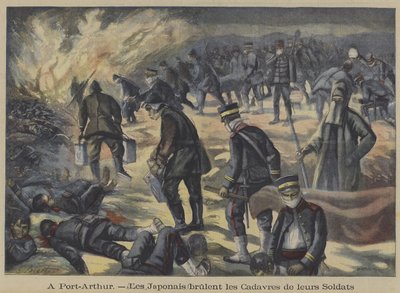 Japanese soldiers burning the bodies of their dead comrades killed at the Siege of Port Arthur, Russo-Japanese War by French School
