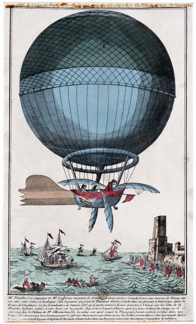 Jean Pierre Blanchard and John Jefferies arriving in Calais after crossing the English Channel in a Hot Air Balloon on 7th January by French School