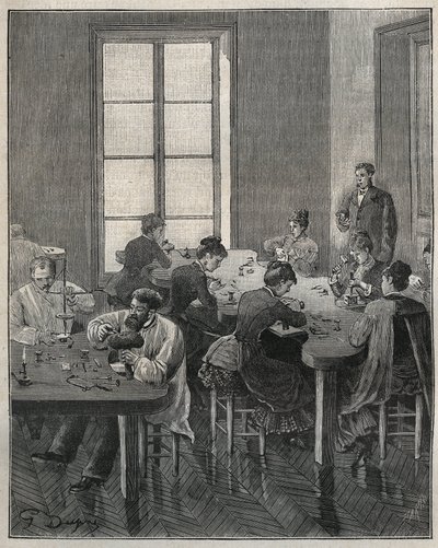 Jewelry workshop in Paris in the 19th century. Engraving from 1885 in Les arts et metiers illustres by Adolphe Bitard. by French School