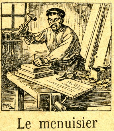 Joiner planting a tip with a hammer in an assembly of boards on his bench (engraving) by French School