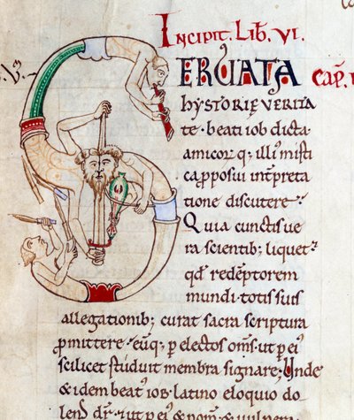 Jugglers and musicians - lettrine S (initial). Miniature from the manuscript Moralia in Job, Morales sur Job by Saint Gregoire, from the citeaux abbey by French School