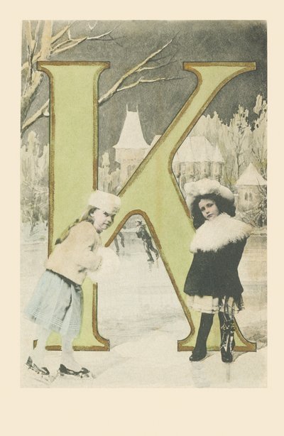 Two girls, sliding and ice skating in winter by French School