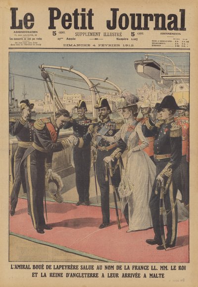 King George V and Queen Mary in Malta (colour litho) by French School