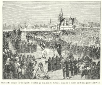 King Philip III of France carrying the bones of his father, Louis IX, to his burial in the Basilica of St Denis, Paris by French School
