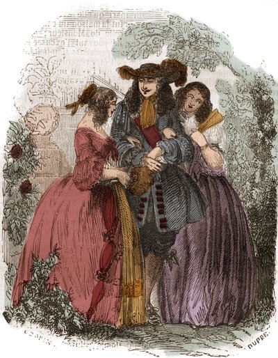 King of France Louis XIV (1638-1715) with Hortense Mancini (1646-1699) and his sister Marie Mancini (1639-1715). Nieces of Mazarin. Engraving of the 19th century by French School