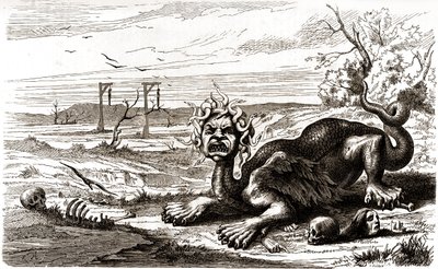 The Fronde (1648-1653): a monstrous animal with snake hair, stands above human corpses and skeletons by French School