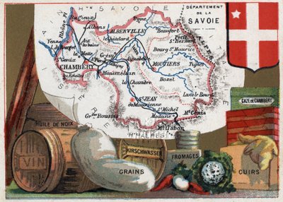 La Savoie (73), Rhone Alpes (Rhone-Alpes), France. Series on the French Departments. Local speciality: walnut oil, wine, grains, kirschwasser (kirsch), cheese, chambery gauze and leather. Chromolithography 