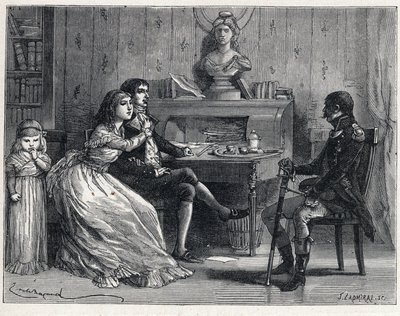 The Terror during the French Revolution: Camille Desmoulins (1760-1794), imprisoned, received the visit of his wife Lucile (1770-1794) and Marshal Guillaume Brune (1763-1815) by French School