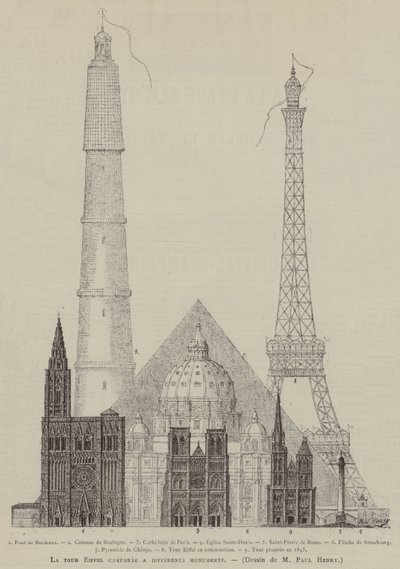 The Eiffel Tower compared to different monuments by French School