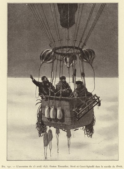 Ascent of April 15, 1875, Gaston Tissandier, Sivel and Croce-Spinelli in the Gondola of Zenith (engraving) by French School