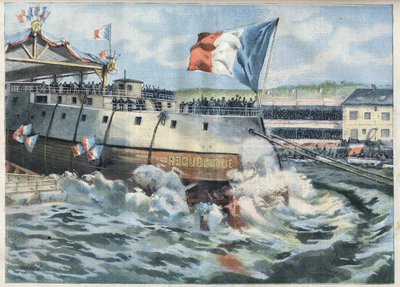 Launch of the Cuirasse Republique in Brest, France. Engraving in Le Petit Parisien by French School