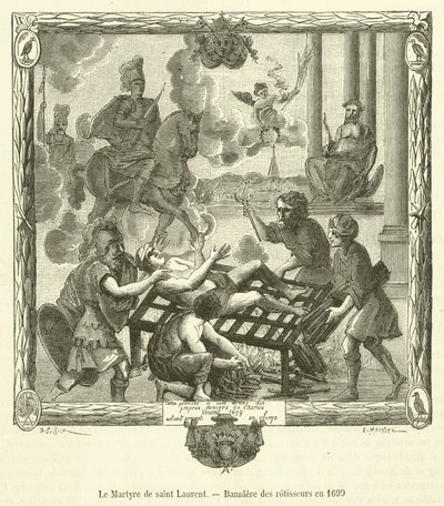 The Martyrdom of Saint Lawrence, Banner of the Roasters in 1699 (engraving) by French School
