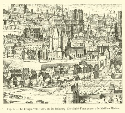 The Temple around 1620, seen from the suburb, facsimile of an engraving by Mathieu Merian by French School