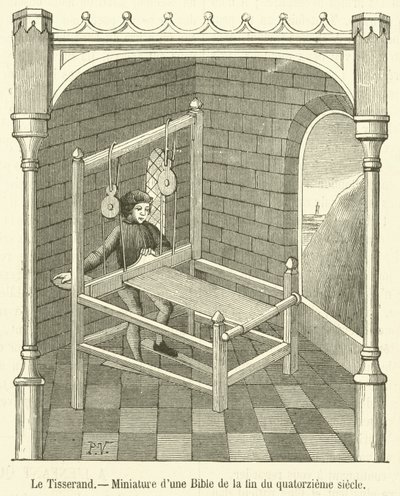The Weaver, Miniature from a Bible of the late fourteenth century (engraving) by French School