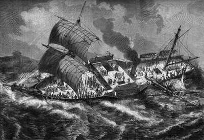 The "Vauban", French cuirass, loses its mast during a storm by French School