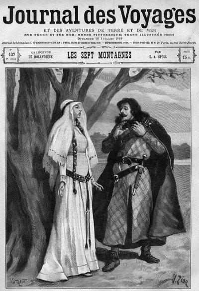 Legend of Rolandseck: Hildegonde learns of the death of Roland, his fiance, and remains silent of pain. German adaptation of the Song of Roland. Engraving in Journal des Voyages of July 16 by French School