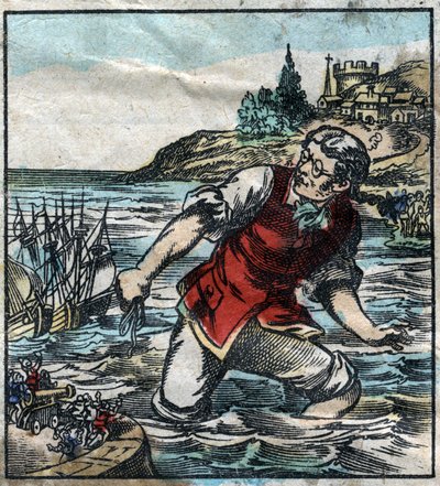 Lemuel Gulliver fired the ships from the Blefuscu army to the capital port of Lilliput. Illustration for "Gulliver