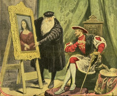 Leonardo da Vinci Presents His Painting La Mona Lisa to Francois I, Who Bought It for 4000 Gold Guilders in 1517. Engraving on the Cover of the Illustrated Supplement of the Petiure Journal No. 1206, 28/12/1913 by French School