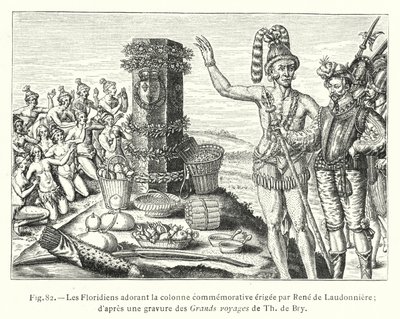 The Floridians Worshiping the Commemorative Column Erected by Rene de Laudonniere; After an Engraving from the Grand Voyages of Th de Bry by French School