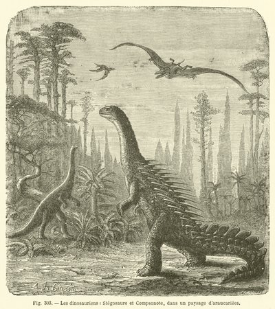 The Dinosaurs, Stegosaurus and Compsognathus, in a Landscape of Araucarias by French School