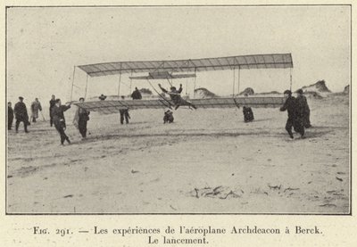 Experiments of the Archdeacon Aeroplane at Berck, The Launch (engraving) by French School