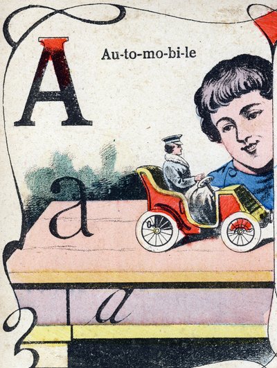 Letter A: Automobile. Engraving in "ABC des joux pour petits boys". Late 19th century by French School