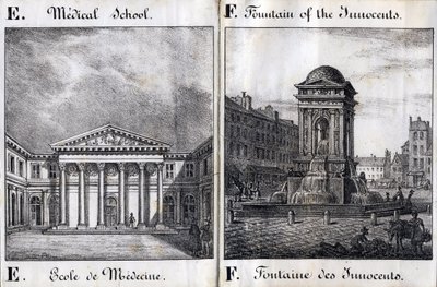 Letter E and F: School of Medicine and the Fountain of the Innocents by French School