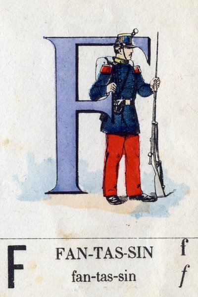 Letter F as infantryman. Military alphabet. Imaging of Epinal, circa 1870-1880. Stencil-coloured woodcuts by French School