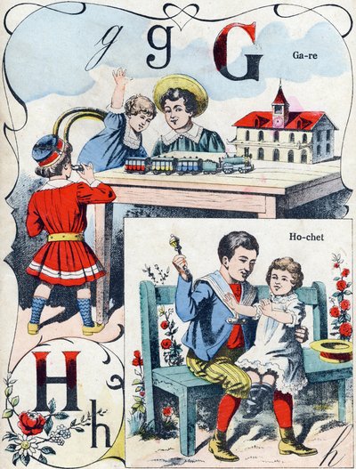 Letter G H: station and rattle. Engraving in "ABC des joux pour petits boys". Late 19th century by French School