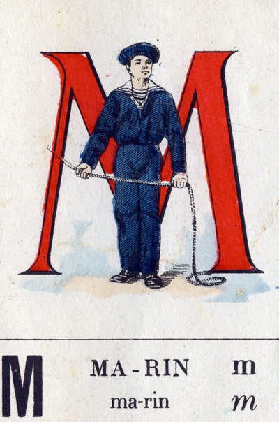Letter M as sailor. Military alphabet. Imaging of Epinal, circa 1870-1880. Stencil-coloured woodcuts by French School