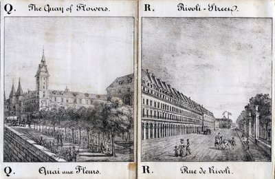 Letter Q and A: The flower dock and the street of Rivoli - Alphabet Picturesque des Monumens de Paris c.1840 (engraving) by French School