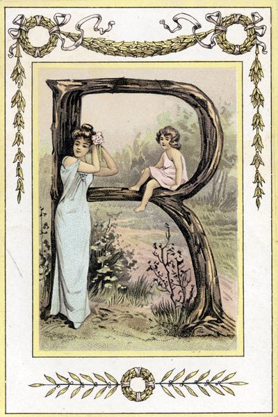 Letter R representing a mother and daughter, late 19th century (chromolithograph) by French School