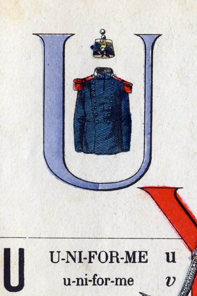 Letter U as uniform. Military alphabet. Imaging of Epinal, circa 1870-1880. Stencil-coloured woodcuts by French School