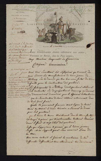 Letter from the Agence Generale des Armes, Poudres et Mines, Brussels, after southern Netherlands were annexed by France by French School
