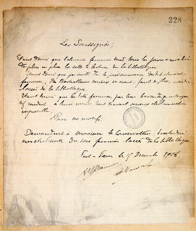 Letter of protest requesting refusal of entry for women to the Sorbonne Library by French School