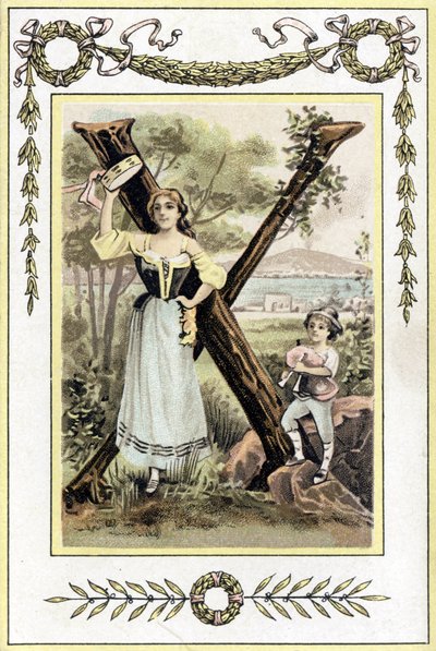 Letter representing a mother with a timpani and her son as a shepherd with a bagpipe, late 19th century (chromolithograph) by French School