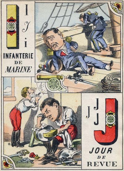Letters I and J: Marine Infantry and Review Day. Engraving in "Comic Military Alphabet". Fifth Series. Epinal Imaging, late 19th century by French School